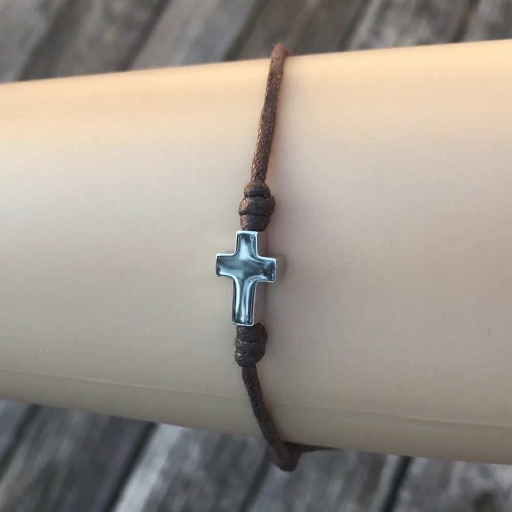 TOUS Brown Cord Bracelet with Stainless Steel Silver Cross Charm, Men Accessory